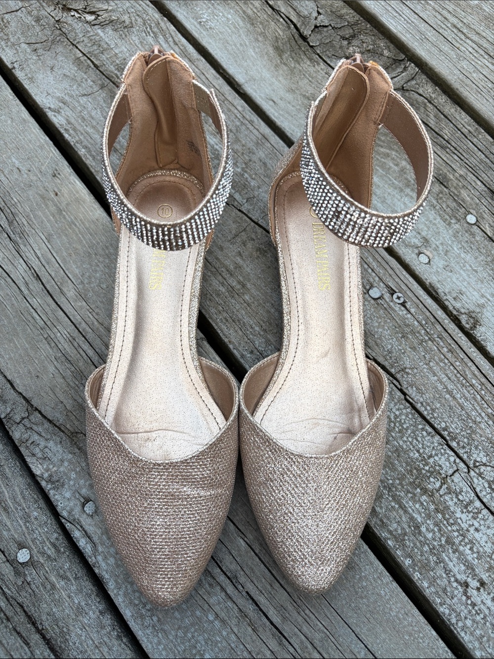 Dream Pairs Pointed Ankle-Strap Flats in Metallic Rose Gold, Size 10